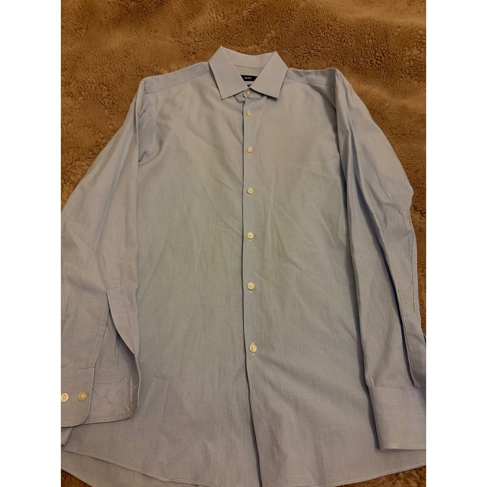 Hugo Boss Sharp Fit Dress Shirt Mens 15.5 32/33 Blue Micro Check Long Sleeve